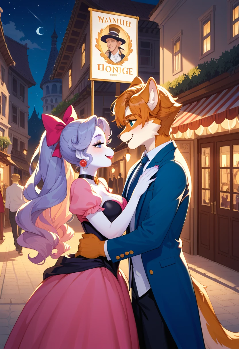 Anthropomorphic male snow leopard, with purple eyes, pink nose, 4 black ears, purple spikes on back, purple horns, with a red third eye, and a male crimson fox with pink nose, black ears, horns and purple eyes, side view, fullbody view, duo, sitting on the grass, digital art, on date, outside, wearing formal clothes, at night, talking