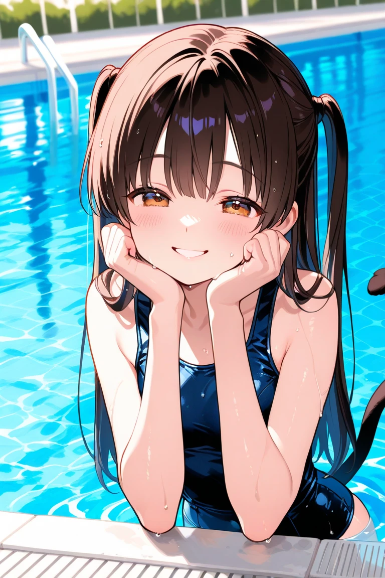masterpiece, best quality, physically-based rendering, high resolusion, RAW photo, photo realistic,
1 girl, (10years old), Japanese, ((one-piece swimsuit)), brown hair, side tails, flower hair ornament, light blue scrunchie on wrist,
((spread legs:0.5)), ((squatting)), (outdoor shallow pool), (lower body in water),
BREAK
looking at viewer,
(wet clothhes:1), (wet body:1),
((leak urine:1)), ((orgasm:1.5)), ((covered erectile nipples:0.7)),
(from front), (from above:1.4),