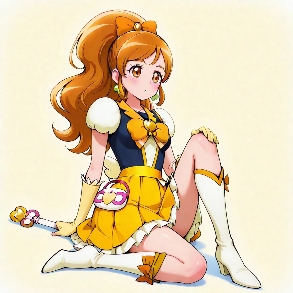 (Masterpiece, Best Quality, High Quality), Kousaka honoka, purple elbow gloves, white top,short sleeves, micro pleated skirt, purple skirt, light purple thighhighs, magical girl , midriff