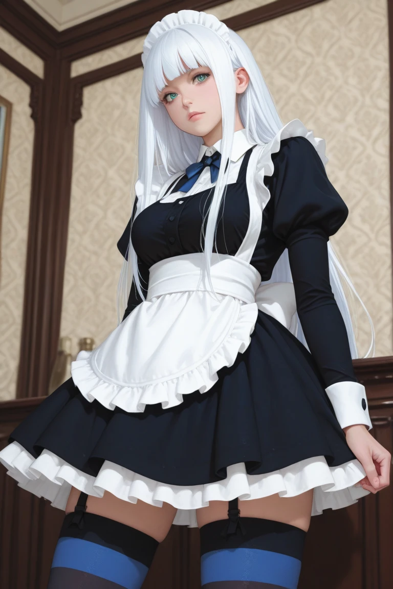 white hair,blue eyes, , long sleeves, ribbon, closed mouth, , white shirt, pleated skirt, frills, puffy sleeves, brown skirt, black thighhighs, red ribbon, neck ribbon