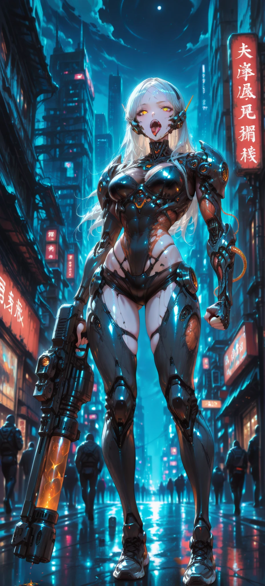 8K, Best Quality, Masterpiece, Ultra High Resolution, ((cyberpunk magazine cover:1.4)), 1A Cyberpunk Girl wearing Harajuku tech jacket with corporate logos, sexy skintight body suit, insane details, full body shot, Beautiful Eyes and Face Details, Masterpiece magazine cover, Best Quality cyberpunk magazine cover, Master Work, Excellent Details, High Quality Painting Details, Breath-Breathing, Absolute Beauty, Slender Neck, Long Eyelashes, Sweet Eyes, Dynamic Angle Problem Extreme Picture Quality, Glossy Lips, Supple Fair and Translucent Skin, Rich Details, Bright Colors, Strong Contrast, Soft Light Effects, Clear Outline, Streamlined, sparkling eyes, perfect body proportions, slender waist, large breasts, cleavage.