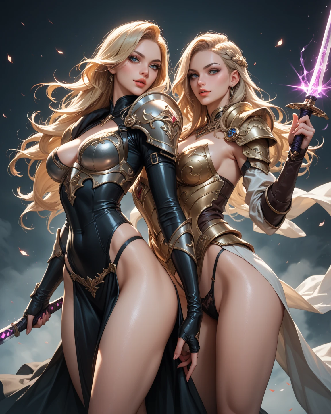 BOMBSHELL VALKYRIE, MATURE WOMAN, 30 YEARS OLD, ATHLETIC BODY, MUSCLES, BLONDE HAIR, GRAY EYES, ROSY CHEEKS, ANGRY FACE EXPRESSION, BLACK PANTIES UNDER ARMOUR, FULL BODY SILVER ARMOUR, SHINING ARMOUR, MITHOLOGY, random hair, looking at camera, gigantic breasts, cleavage, (high detailed skin:1.2), 8k uhd, dslr, super lighting, high quality, film grain, high res, highly detailed, hyper realistic, beautiful face, beautiful body, beautiful eyes nose lips, alluring expression, very bold, upper visible, full body photo, standing legs apart, pale translucent glowing skin, most beautiful face, cute, (well defined pubic hair:1.2)), (dark plain black background:1.4))