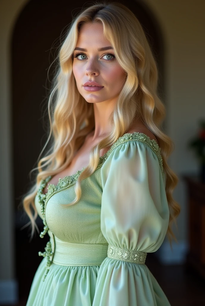 (nsfw), Big Breasts, (((masterpiece, Highest quality, High resolution, High detail)))), (((Fantasy))), ((Walled City)), ((Inside the inn)), (Sit in a chair and look out the window))), ((People coming and going in the city々)), One, Elf Woman, White short skirt with gold embroidery, Long straight blonde hair, Dark green eyes, Green surcoat with gold embroidery, smile, big, (Wind) , There are many particles of light floating in the room.