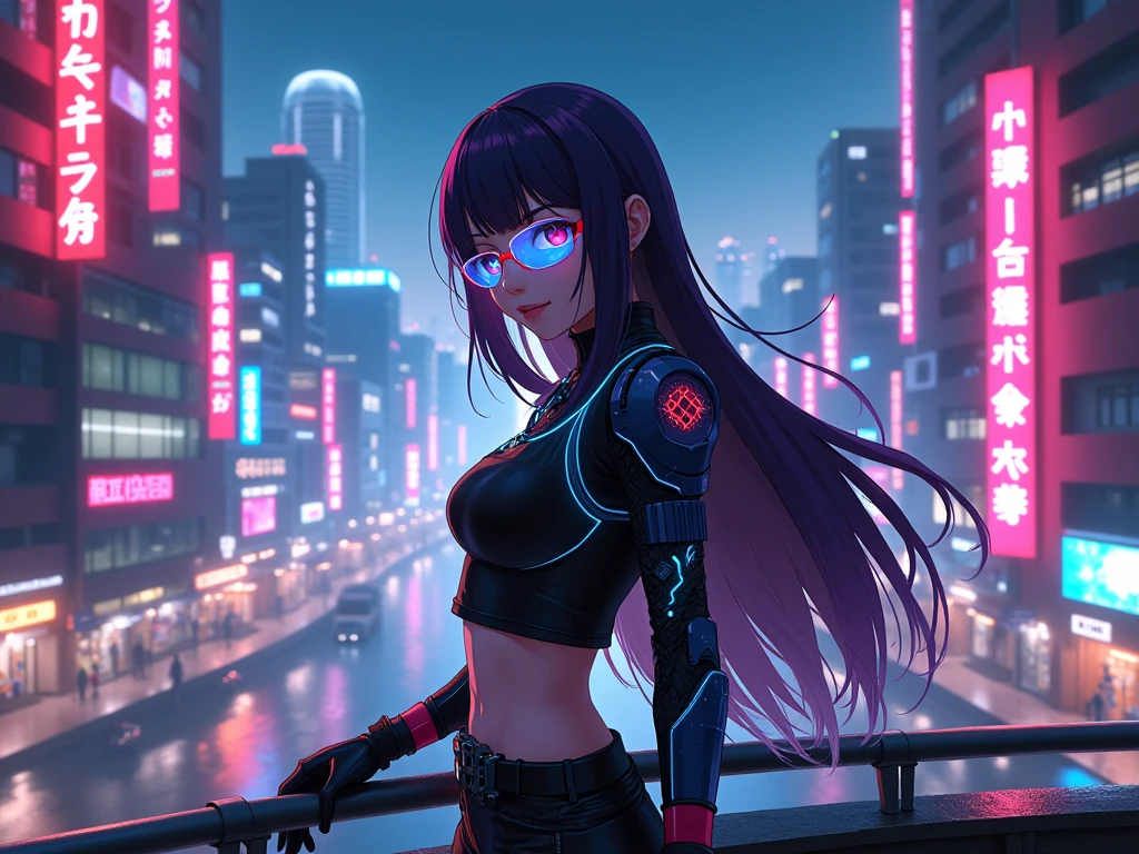 masterpiece, best quality, portrait of a 18yo woman ,  (neon lights rain streets cyberpunk cityscape:1.1) ,  color photo, cinematic, cinematic lighting, legenndary aged queen, anime, gorgeous 18-year-old woman, perfect eyes, graceful, landscape shot,  upper body, looking at viewer, standing, happy, enthusiastic