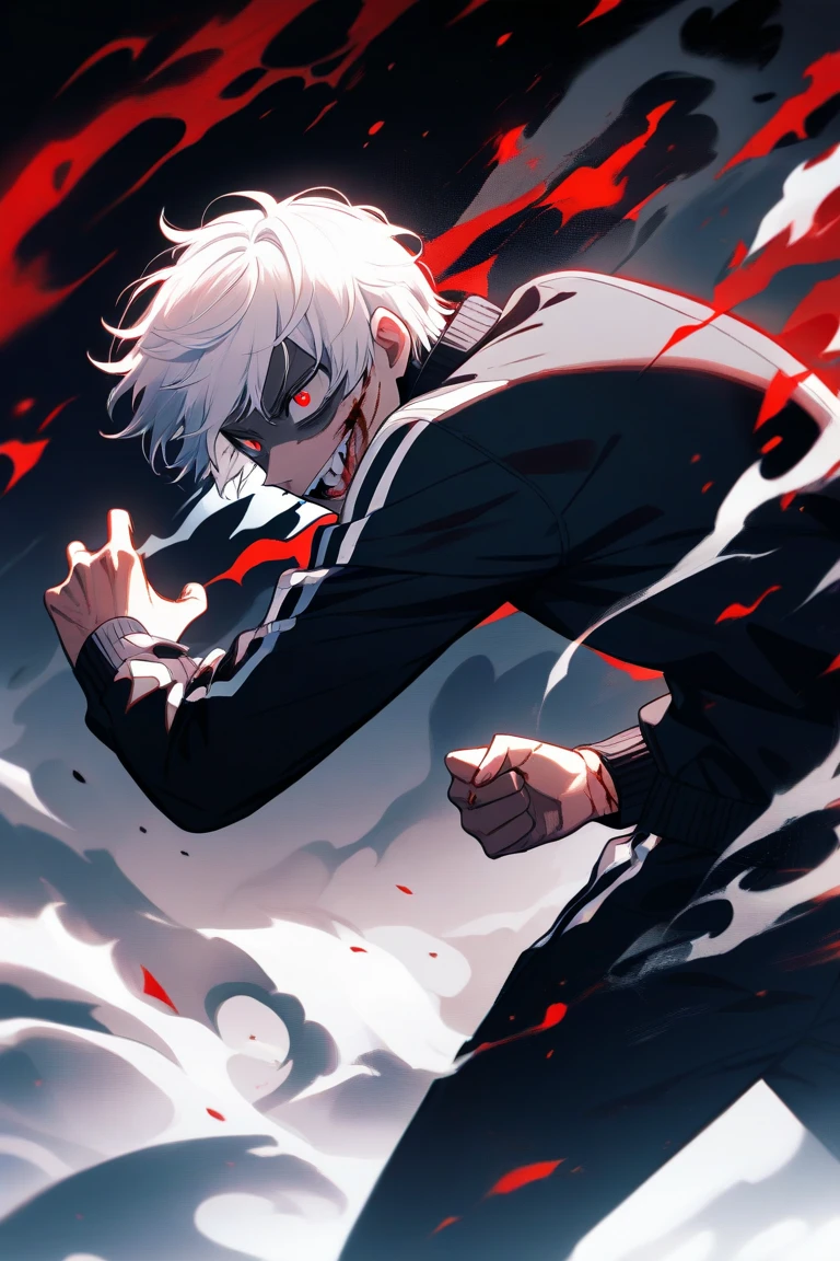 (1 girl), (angry girl), (big smile), (shonen protagonist), (black and white), (sport jacket), (fighting pose), Red eyes, short hair, facial scar, Sharp teeth, eyes with slanted pupils