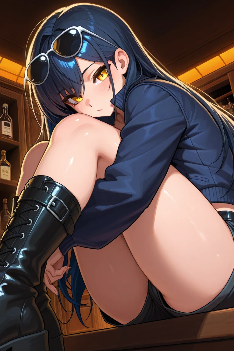 masterpiece, best quality, 1man, 1girl, dark blue hair, half buzzcut hairstyle, yellow bolero jacket, short shorts, loose socks, sneakers, huge breasts, shiny skin, vivid colors, paint splashes, having sex with a man, legs are open,(Being stroked by man's crotch), Ridiculous resolution, exposed vaginal sex, bukkake, jacket is unzipped, outside in a dark back alley, night time, from the side, looking at viewer, underboob, punk girl, muscular woman, abs,