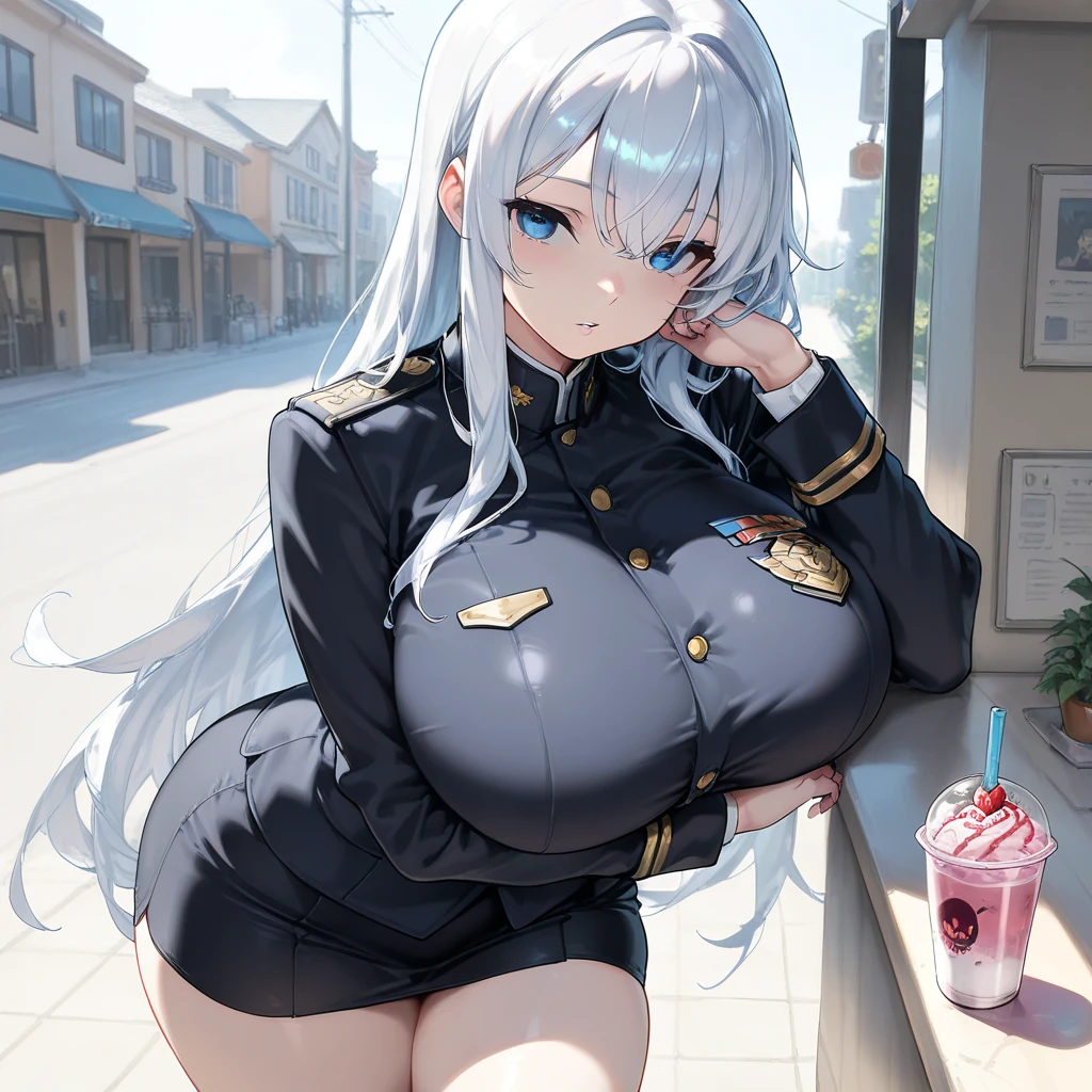 1girl, white hair, dark skin, dark-skinned female, police, police uniform, bikini, highleg, highleg bikini, huge breasts, thick thighs, wet, shy, timid, wavy mouth, blue eyes, white hair, long hair, police hat, hat, beach