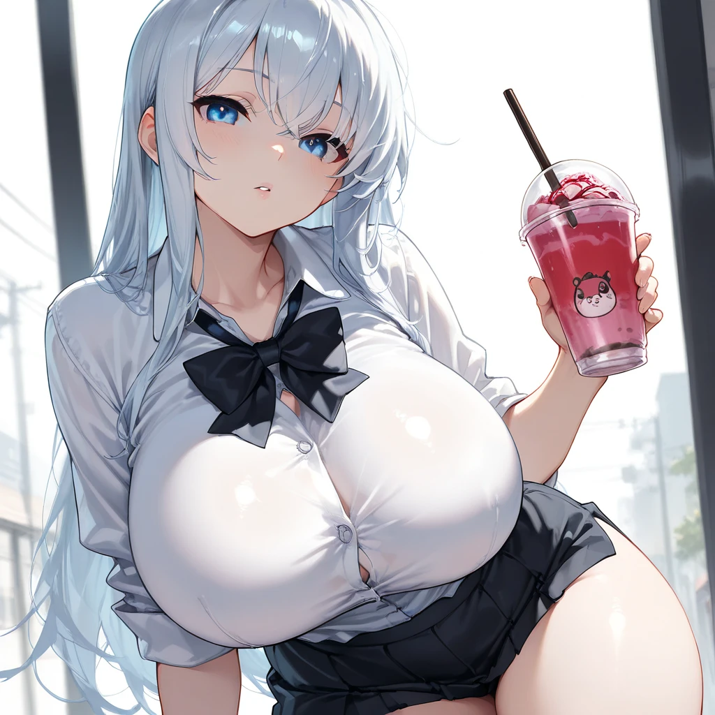 Beautiful, (masterpiece), (best quality), perfect eyes, perfect face, perfect light, one woman, multi-colored hair, (milk tea colored hair with white mist tips), big round eyes, light red eyes, (slim), clear white skin, narrow shoulders, large breasts, large hips, big and plump thighs, beautiful slender legs, short bob hair with see-through bangs, wearing a black collar, white T-shirt, black shoulder strap, gray leather belt with a gold buckle, short black skirt, sheer black stockings, shiny black high-heeled boots, with a gold four-pointed star hair clip.