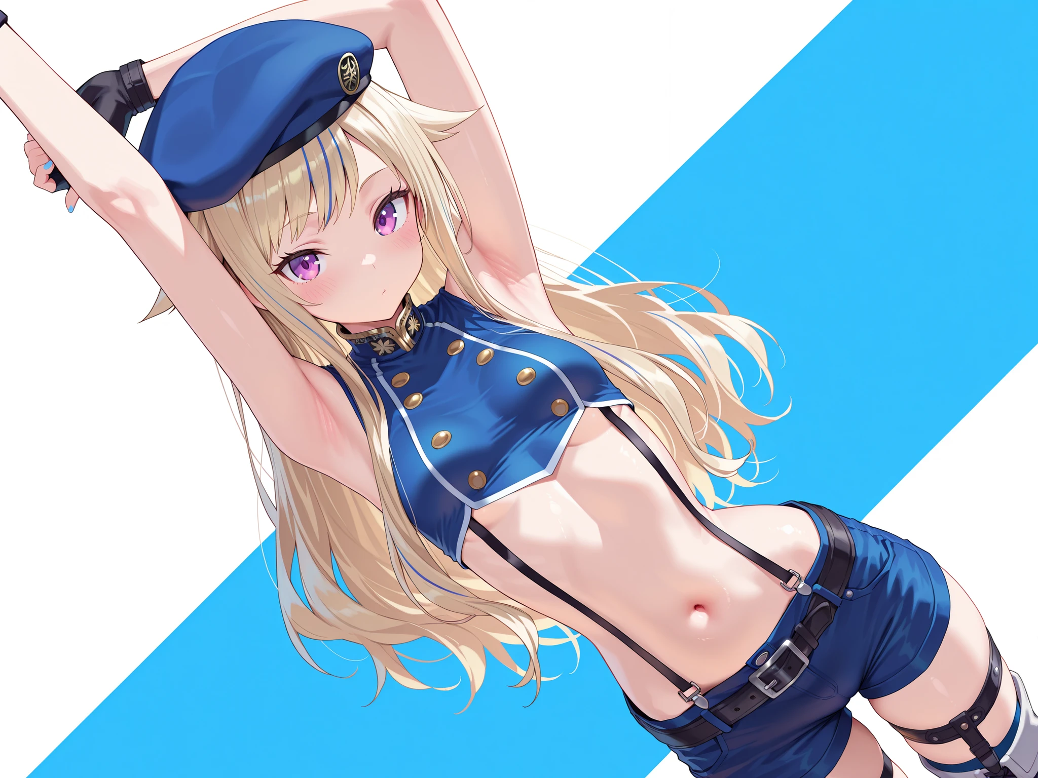 solo,masterpiece,best quality, amazing quality, highres, absurdres, very aesthetic, high resolution, ultra detailed, perfect details,suzuki hina, blonde hair, long hair, streaked hair, hair flaps, purple eyes, skinny, small breasts, hat, beret, blue thighhighs, blue crop top, fingerless gloves, midriff, single thighhigh, sleeveless, suspender shorts, thigh straps, belt, boots、looking at viewer,(masterpiece, detailed:1.2)、armpit focus,arm up