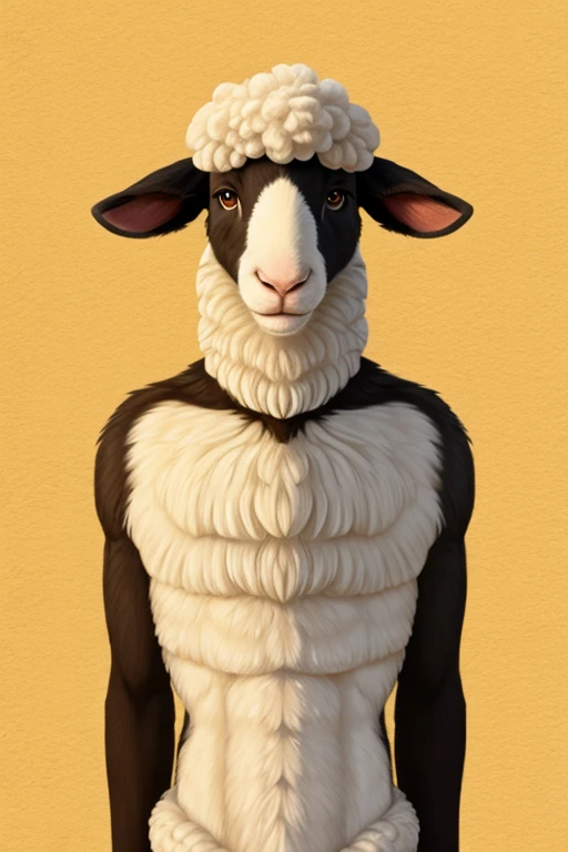 solo, furry, anthro, sheep, male, E621, standing, slim body, wearing underwear, plain background, front view, by bebebebebe