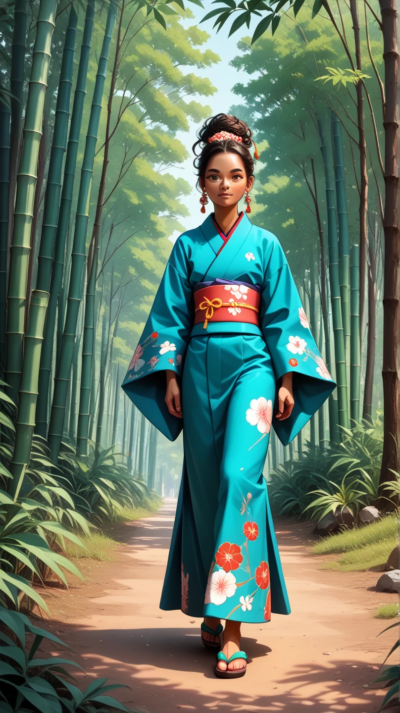 superflat, flat colors, 1girl, 19yo, slim, (medium breast), short bob dark hair, (ornate green leaves kimono), topless, nipple, standing, shy, autumn leaves, yellow, golden, autumn forest, vibrant colors, psychedelic, vibrant, bright, watercolor