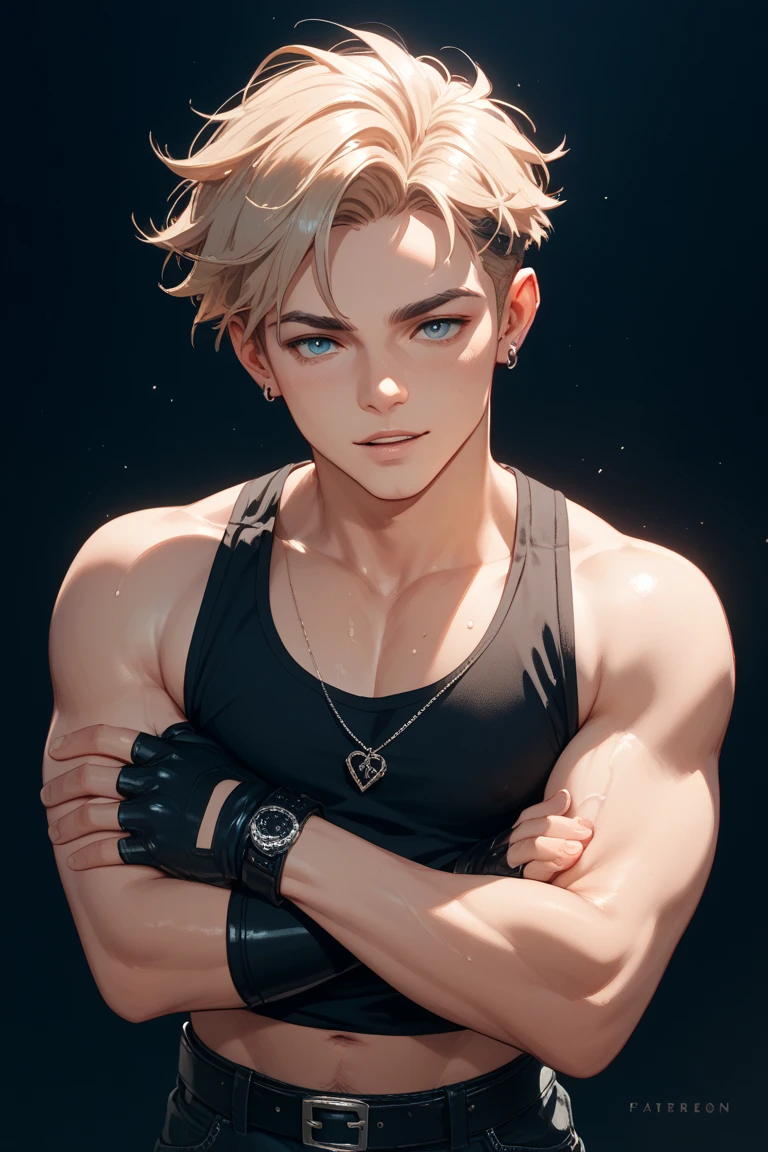 Bra Top, blonde guy, Jewelry, Ring, Blonde hair, Solo, Red heart symbol, earrings, Red Eyes, Looking at the viewer, Red Nails, Short hair, Undercut, a smile, One Boy, Necklace, Open mouth, Male Focus, Jersey pants, Navel, Choker, off shoulders,simple background