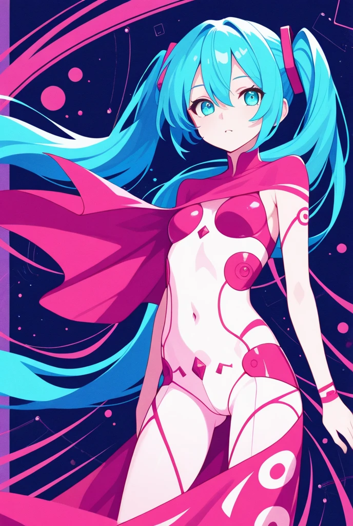 An android woman, small breasts, cute face, blue hair and blue eyes, full body, thin waist, pink-light blue skintight pants, wearing a pink and light blue skintight shirt, blue shoes, perfect thighs