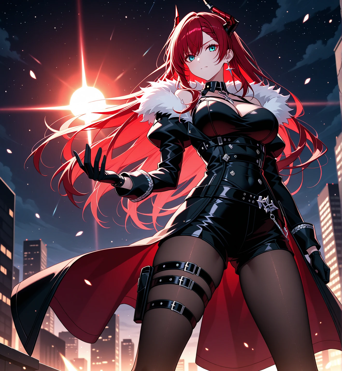 best qualityer,tmasterpiece,Ultimate resolution,downy,Extremely colorful,Colorful,Lady,a matural female,Black dress long dress,Gorgeous dress,huge tit,(long red hair,A burn),(black lence stockings,Stiletto sandals),soles of feet,red starry sky,Normal posture,Normal posture, red wings from the back, Fire in the background