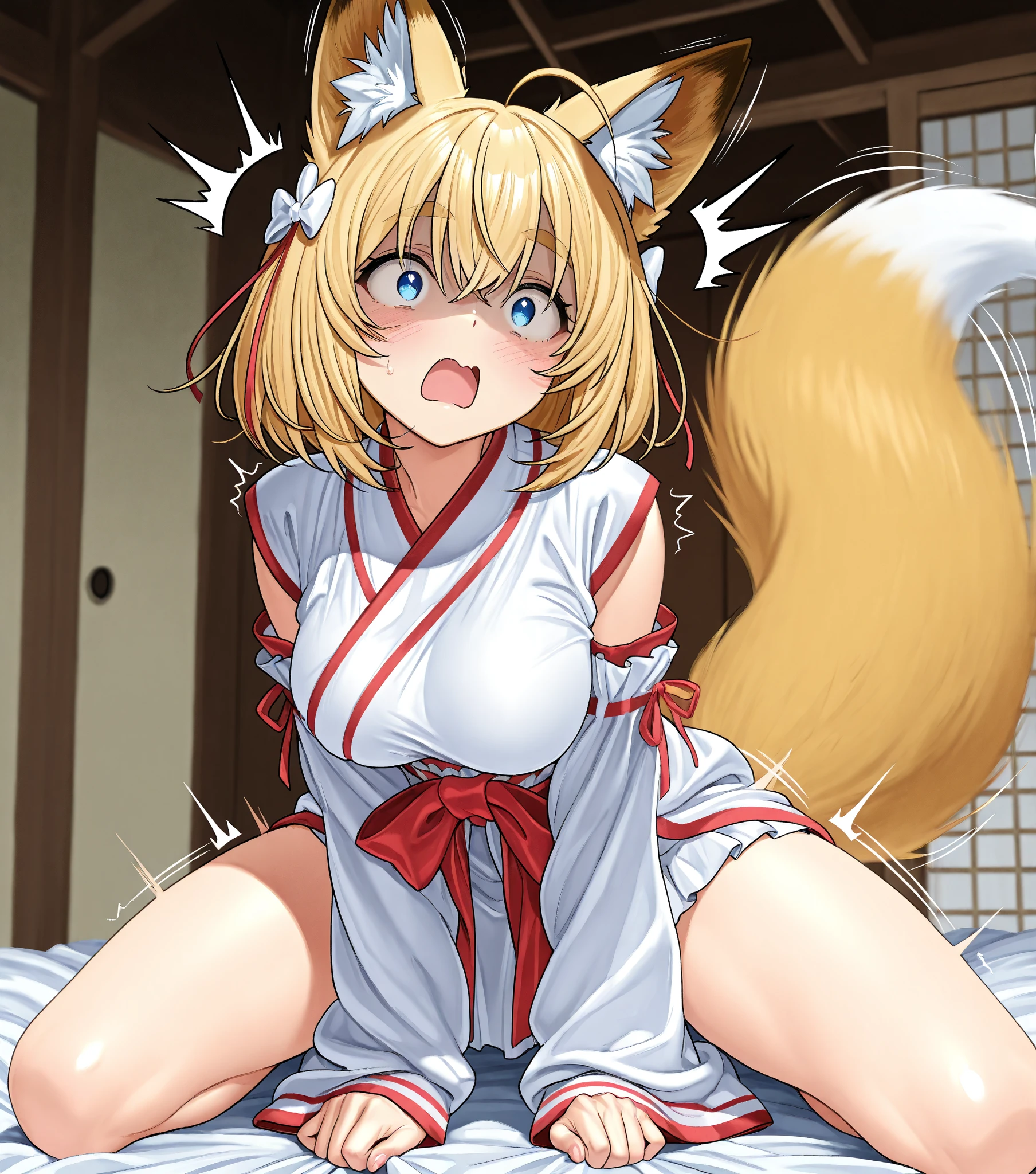 kimono ((pubic hair)) ((Emphasize the crotch)) lower body naked (squatting) Putting hands on crotch, excited face, high quality, erotic, showing shoulders, putting hands on pussy, spreading urethra, girl seen from floor with emphasis on pussy, big breasts, breast milk squirting from breasts