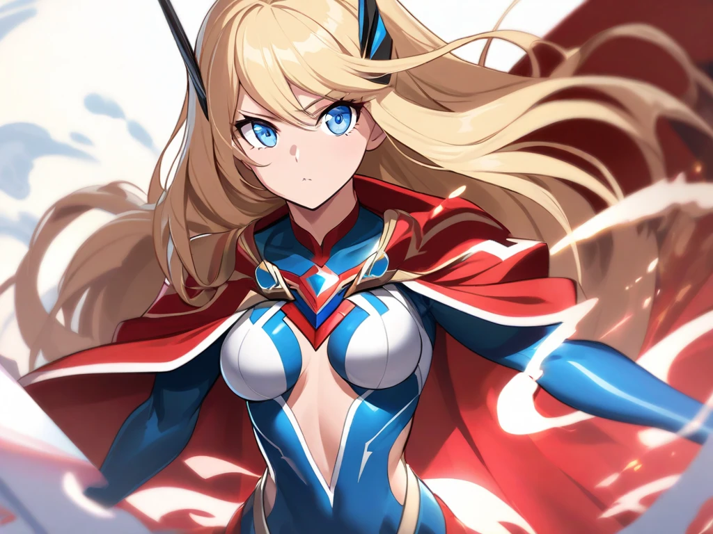 Anime-style photo of a woman in a red cape and blue clothes, Supergirl, anime visual of Supergirl, Portrait of a female anime hero, Artoria Pendragon, Anime Goddess, Superhero Girl, Power, the princess of power, with cape, Zodiac Knight Girl, Zerochan Art, body and soul! Asuka Suit, she - ra