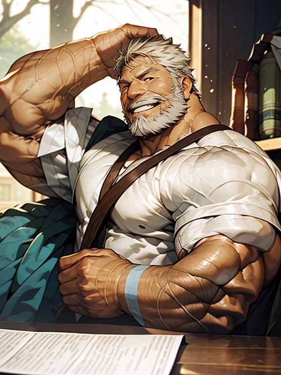 (masterpiece), best quality, expressive eyes, perfect face, 1 boy, 80 years old, Muscle Man, Bodybuilder, tanned skin, (brown skin) dark olive skin color, long grey hair, thick grey beard, bushy grey eyebrows, Soaked white T-shirt, trousers, Suspenders, Factory equipment, complete scene, enormous physique, sharp hooked nose, very thick arms, absurdly big arms, absurdly big nose, nose is very pointy, old man with sharp eagle like nose, gigantic nose size, cheek bones, enormous chest, bara pectorals, wide pectorals, veins, Take off Suspenders pants,factory scene,There are many objects and machines piled around