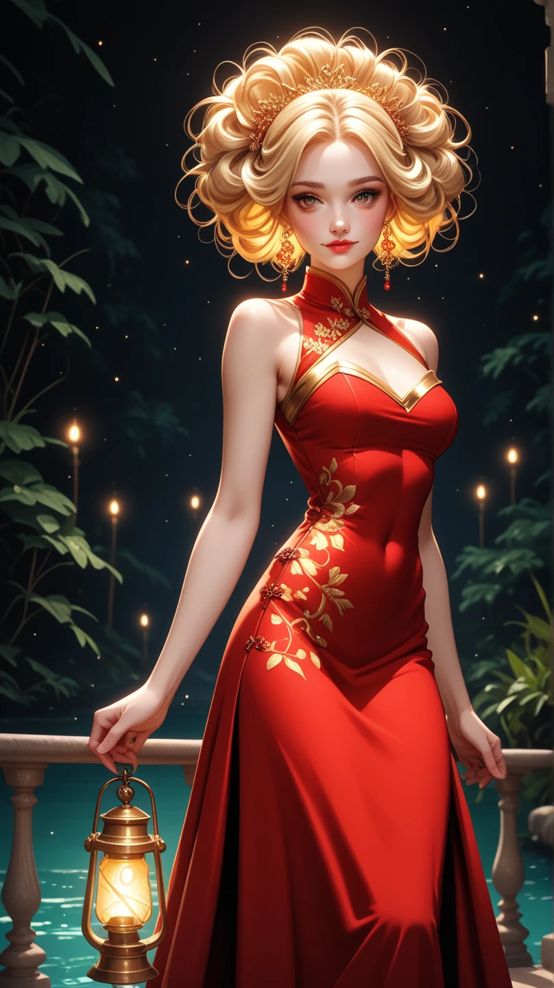 a beautiful female vampire wearing a (blood stained white Cheongsam: 1.5), an extremely beautiful female vampire, ultra detailed face, blond hair, long hair, wavy hair, dark glamour make up, pale skin, red lips, glowing red eyes, visible vampiric fangs, she wears a ((white Cheongsam: 1.5)), elegant, intricate detailed Cheongsam, silk Cheongsam, small cleavage, ((Cheongsam is decorated with gems: 1.4)), she wears elegant knee high heeled boots, exquisite knee high heeled boots, there are stains of blood on the upper part of the dress, dynamic background, best details, best quality, highres, ultra wide angle, 16k, [ultra detailed], masterpiece, best quality, (extremely detailed), full body, ultra wide shot, photorealistic, fantasy art, dnd art, rpg art, realistic art, blood everywhere,
