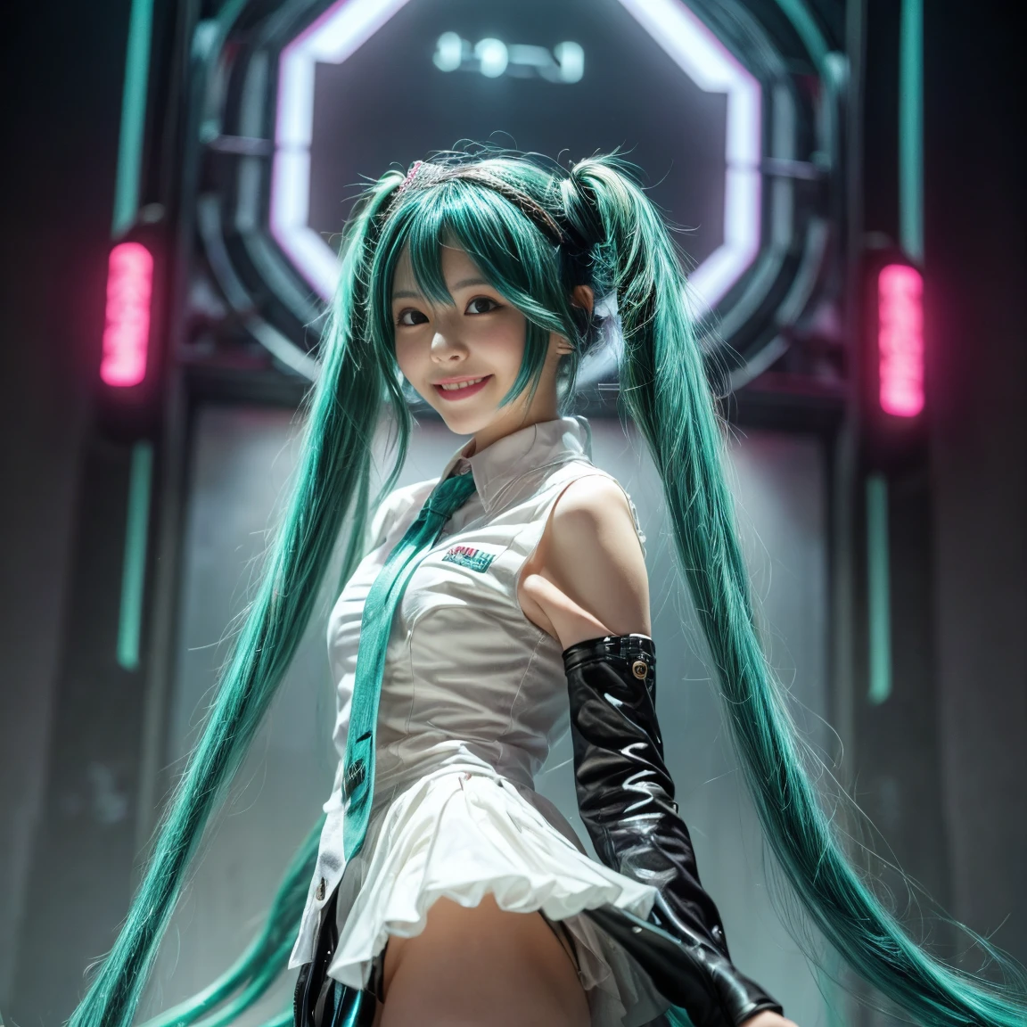 (La Melhor qualidade,A high resolution,Ultra - detalhado,real),Ariana Grande, chica cosplay de anime, cosplay de anime, (Hatsune MikuCosplay:1.4) , Foto Cosplay, duas caudas brancas_Luvas, cosplay, lindo anime waifu con un bonito vestido, garota de anime com cabelo comprido, deusa dos animes, cosplay elegante e glamoroso, garota de anime vestida de empregadaMais detalhado 8K.motor irreal:1.4,High definition,La Melhor qualidade:1.4, fotorrealista:1.4, textura da pele:1.4, Obra-prima:1.8,Obra-prima, Melhor qualidade,objeto Objeto], (detailed facial features:1.3),(The correct proportions),(Lindos olhos azuis),  (pose vaquero), ,( ciberpunk 2.1), (background alley city tokyo night :1.4),( dedos detalhados:1.4),( Anatomia perfeita), (kawaii locker room :1.4) 