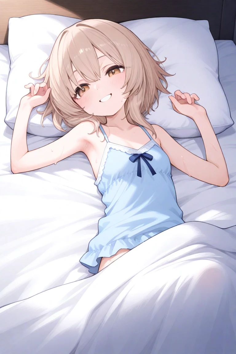 1 girl in、Gentle expression、Short hair. Pale brown hair and brown eyes.unwear、in one's underwear only、White bra、White panties. (Put your hands on your chest). High image quality. Photo Quality. High Definition. of the highest quality.、Quiet face、Balance Diagram、a 14 year old girl、Reddened cheeks、a bed、Bedroom、lying back on、Open your crotch、Focus on the lower back、Show off thin breasts、I draw the whole body