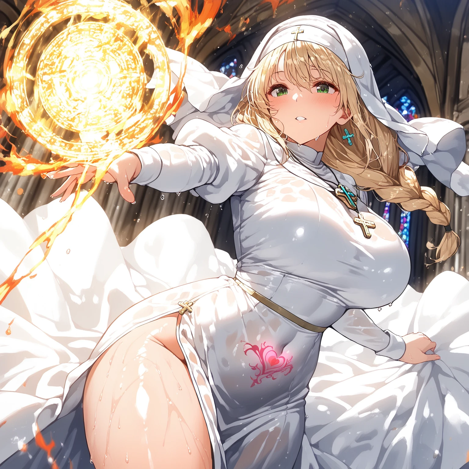 (32k, masterpiece, Highest quality, Highest quality, Official Art, beautifully、aesthetic:1.2), (One girl), Very detailed, (Fractal Art:1.3), colorful, Most detailed, Perfect Face, whole body, High resolution, Big Breasts, (pray:1.3), (White cloak Golden Line:1.2), church, (Streaks of Light), Impressive visuals, (Dynamic stripes, Light trail:1.2), Vibrant colors, Wicked Smile, {{A demon who took the face off a praying girl and disguised himself as a girl}}, ((Intense vaginal sex with a man: 1.5)), Intense cowgirl sex,Giving her virginity to a man, Red blood from inside the vagina, (Shake your body violently and bounce: 1.3), NSFW
