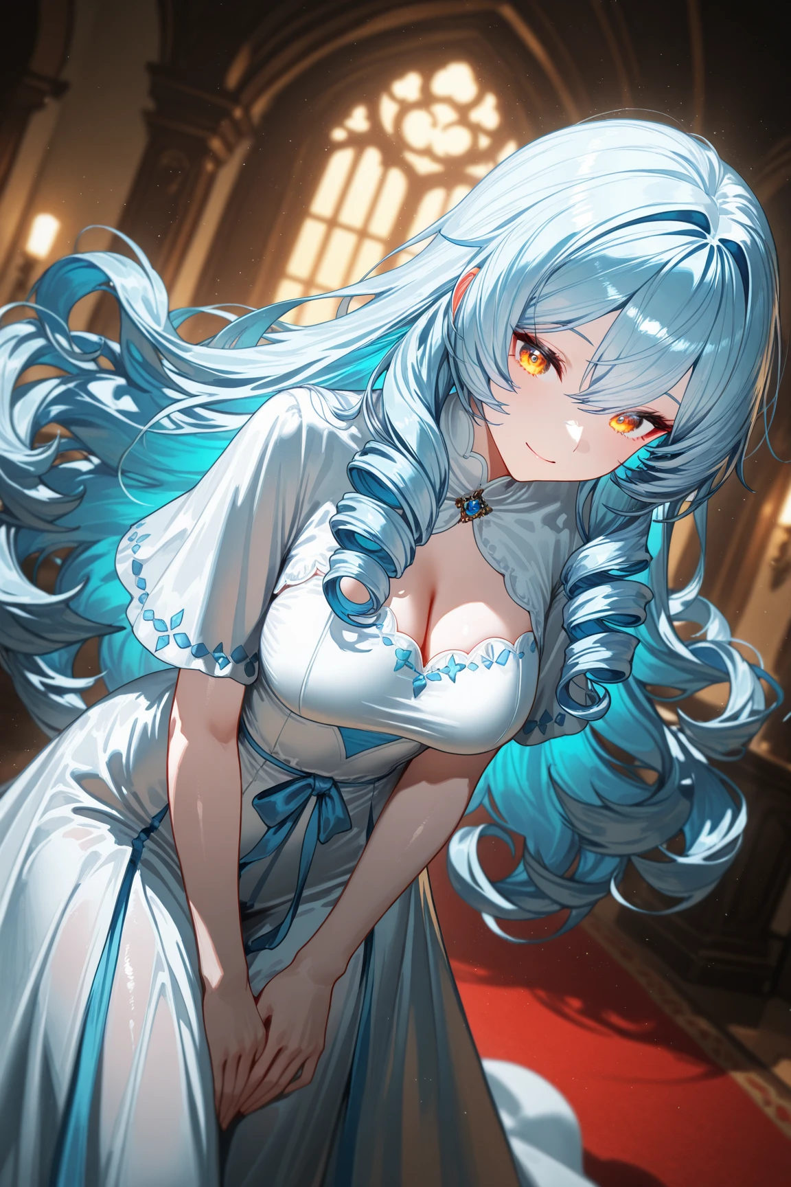 (best quality, High resolution, masterpiece:1.2), 1 female，adult women，Big breasts，perfect face, (gentle smile), exquisite eyes, elegant,(blue eyes), Chinese style dress, flowers, ((long white hair)), looking at the audience，((close up))，Chinese style architecture，palace，Exquisite hair accessories and clothing details，No exposure of breasts，Exquisite Chinese style necklace pendant，dark night，moon，starry sky