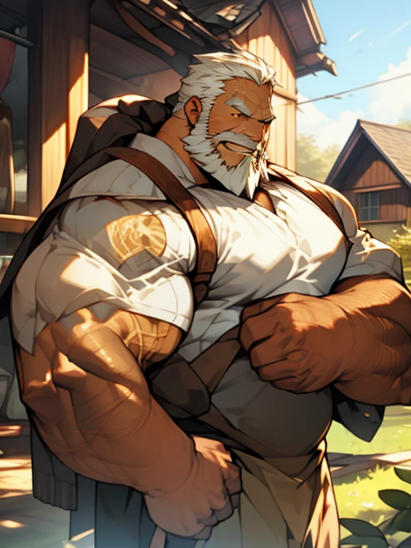 muscle size difference , ((1boy) huge muscular old man), 1boy muscular middle age holding old man arm muscle