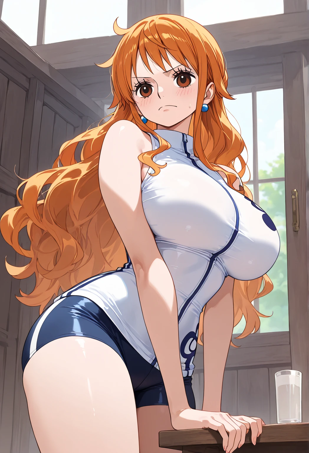 Rangiku Matsumoto、Orange Hair、Long Hair、Grey Eyes、Parted bangs、Wavy Hair、20s style、Big Breasts、A woman with very large breasts、Adult、Sexy look、Relaxed facial expression、Green leotard、gym、Are standing、1 female、plain leotard、solo、Long sleeve、High leg、U-neck、masterpiece、Highest quality、High resolution、Perfect lighting、Toned body、Tall Woman、Highly detailed CG、leotard with an green、Perfect hands、leotard sleeve with an long sleeve、leotard neck with an U neck、leotard waist with an high leg、Perfect Anatomy、Stylish pose、Stylish angle、Looking at the audience、centered in picture、Cowboy Shot、