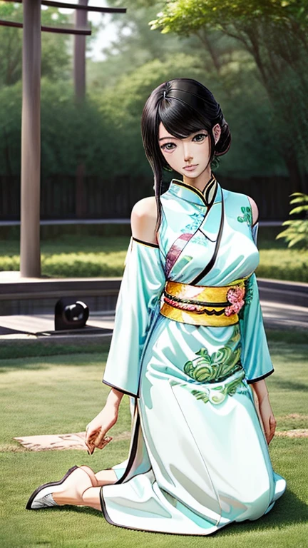 sparkle_honkai,1girl,((stand posing for photo)),short kimono,bare shoulders, beautiful eyes, twintails,black hair,long hair,flower hair ornament,bare legs, perfect model body proportions, full body,(wide shot,realistic,photorealistic), (masterpiece, best quality, high quality), (colorful), (delicate eyes and face, realistic skin, moderately large breasts), extremely detailed CG unity 8k, profesional studio lighting, white wall