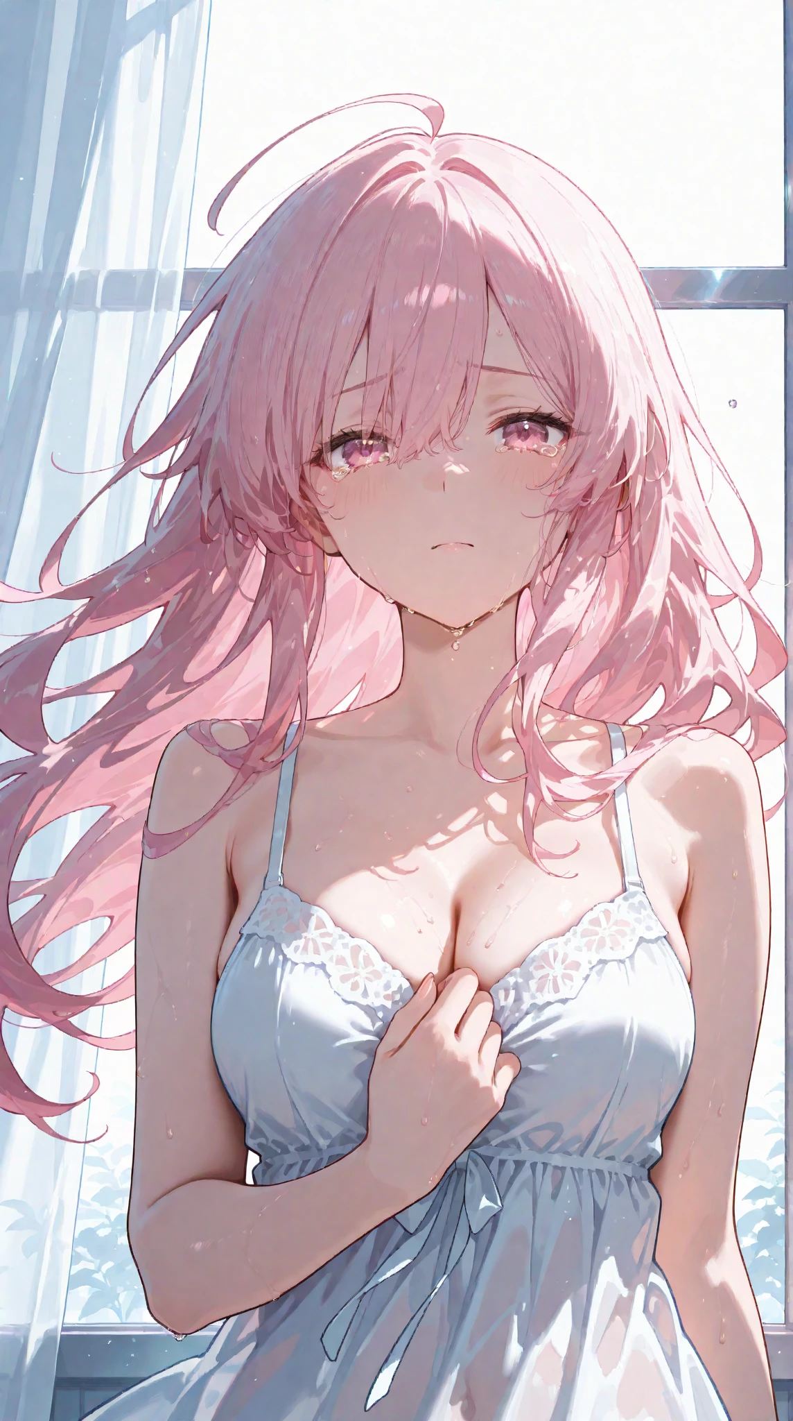 Very big shirts、loose T-Shirts、beautiful girl、Her neck is loose and her cleavage is visible、Beautiful clavicle、slender、small breasts、Small breastodest chest、Raise your both arms and put them behind your head