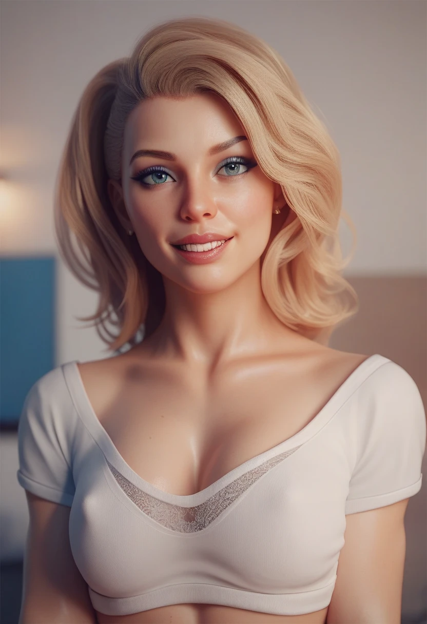 Medium full shot, Glamour Portrait shot of a 26 year old woman, (((Kelly Von East))). Short blonde hair, bright blue eyes , extremely long eyelashes, (realistic face, perfect eyes, perfect face:1.1), make-up, (smiling, laughing), wearing a mans white business shirt, unbuttoned shirt. small breasts, nipples, cleavage, navel, bare legs.. dramatic lighting, night, sunrise. No bra. Nobra.