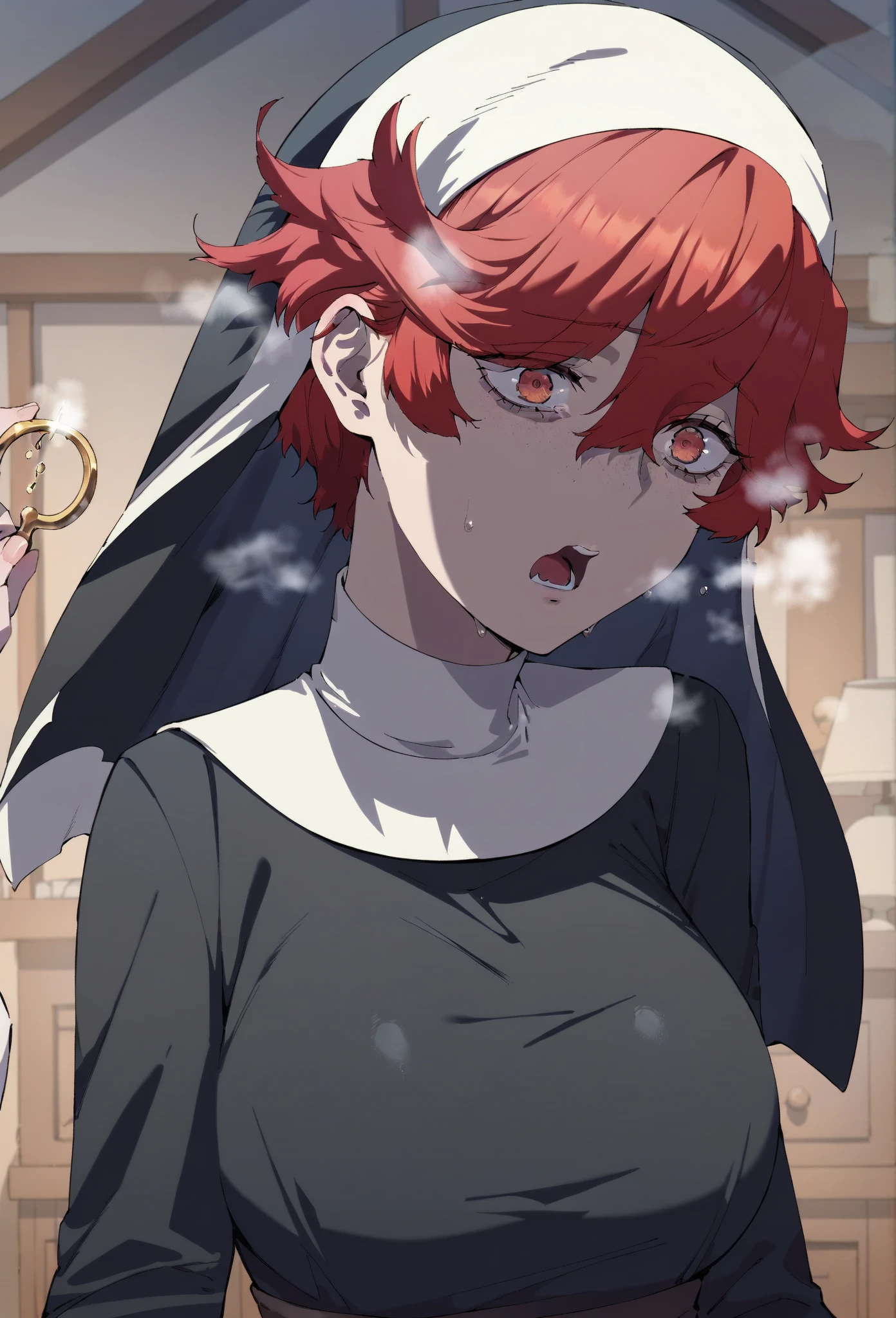 A shy young man with carmine red medium hair and with long bangs covering his eyes, wearing an old wizard hat and beige , background is classroom