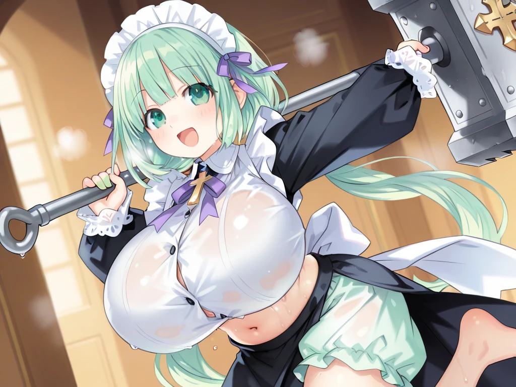Maid clothes,Gonzo crotch desk,Under the table, cleavage,(throw, 1 boy, faceless man, throw paizuri, paizuri:1.4), hetero, Anime Cel Style, highest quality, High resolution,( Upper body), 1 girl, (huge breasts:1.4), chest curtain,play sports often,