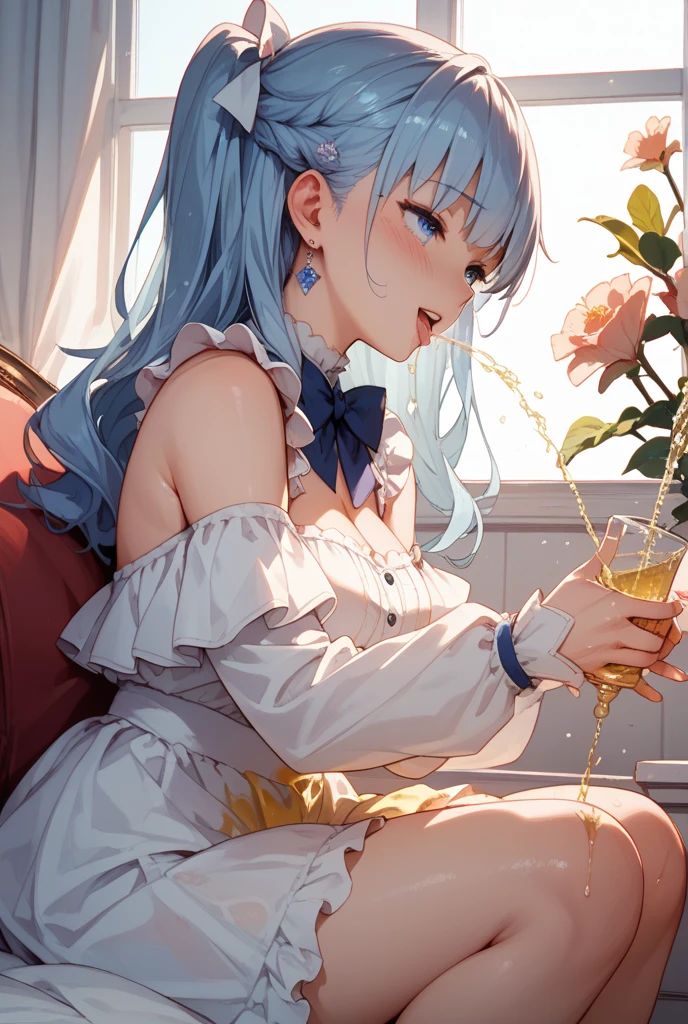 Highest image quality，tmasterpiece，A beautiful work，（（Beautiful teenage girl）），ssmile，cheerful，vigorous，A breath of youth，｛｛（（White hair））｝｝，Long loose hair，Jewel-like pupils，Delicate and delicate facial features，perfect bodies，（（Cool and modern in summer）），Cute short sleeves，short  skirt，（（Leaky shoulders）），Cute and sophisticated costume design，beautifullegs，Barefoot，（Summer indoors），sobu，Standing fan，Eat cold drinks，Feeling of heat，Modern style，Beautiful，Full body like，（sit on a bed），Lateral face，looking at viewert，facial closeups，