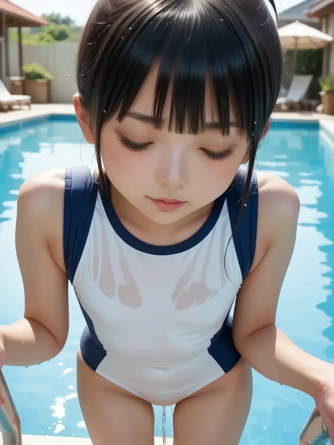 Elementary school girl、cameltoe、nipple、swim wears、boyish、black hair shorthair、a smile、Infant body type、a baby face