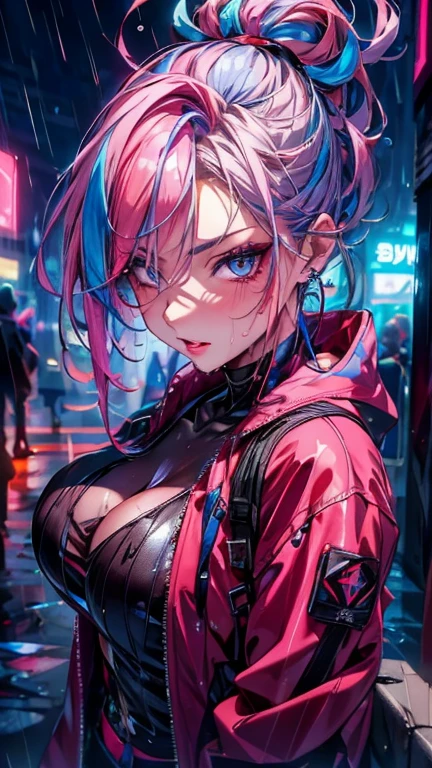 {{​Masterpiece,best work}}, top quality, Ultra-detailed CG Unity,8k wallpaper, lens flare, (Detailed beautiful eyes),particle,Miss,Berry short hair,cool face,((Colorful mechanical wool)),rainbow eyes,heterochromia iridis,Big deal,黑紫色Body,Inorganic black headwear,(Perfect Body),cyberpunk,Inorganic decoration,Body,cable,low angle,Whole BodyEsbian,a sexy,high heels boots,night city,rain,Eyes looking down,perfect hands.