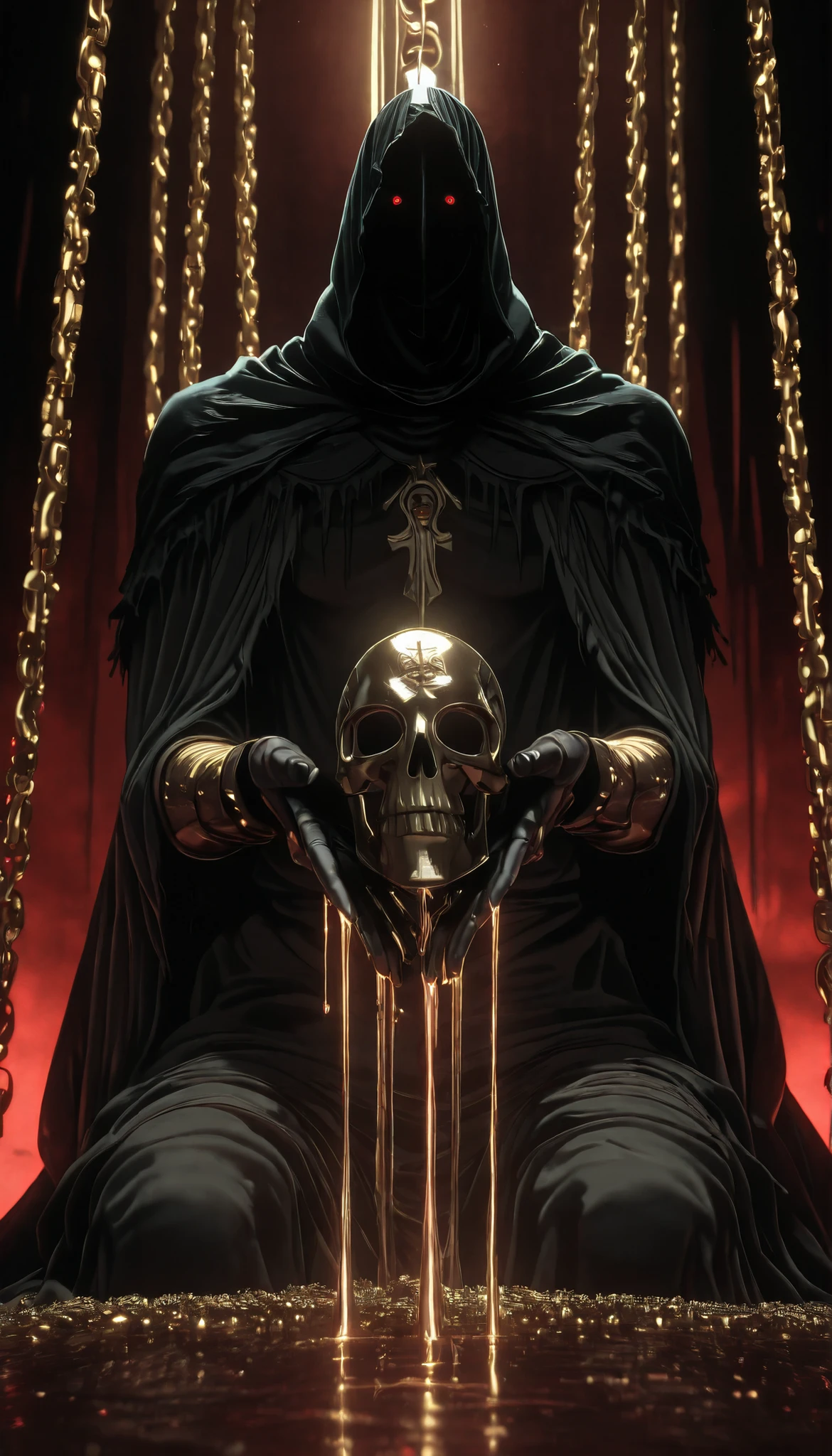 An image of an enigmatic young man with a techno-occultist aesthetic. His face is hidden behind a gold metallic mask with complex ritual engravings, hanging chains and dripping details that evoke liquid gold. Under the mask , fragments of a silver synthetic skull with red eyes glowing in the dark, as if observed from another dimension. It wears a black hood made of shiny fabric that falls with elegance and mystery, adorned with spheres and golden chains. On his back you can sense an ancient weapon fused with technology, as a symbol of balance between the arcane and the futuristic. Its silhouette is slim but powerful, wrapped in a dark tunic with a broken and sophisticated design, } with golden and woven details that suggest a ceremonial origin. The background is light gray , without distractions, make his figure stand out as that of a mechanical prophet or a warrior from a lost cult. Its presence commands respect, as if it were a herald of the end of time