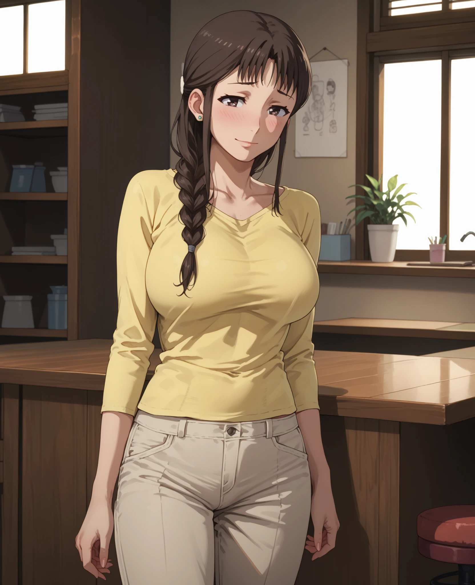 (RAW photo, best quality), masterpiece, an extremely delicate and beautiful, extremely detailed, 2k wallpaper, Amazing, finely detail, extremely detailed CG unity 8k wallpaper, ultra-detailed, highres, soft light, beautiful detailed girl, extremely detailed eyes and face, beautiful detailed nose, beautiful detailed eyes, cinematic lighting, perfect anatomy, beautiful body, light smile, 1girl, solo, light brown hair, brown eyes, long hair, hair tied behind back, multi-coloured t-shirt, long skirt, looking at viewer