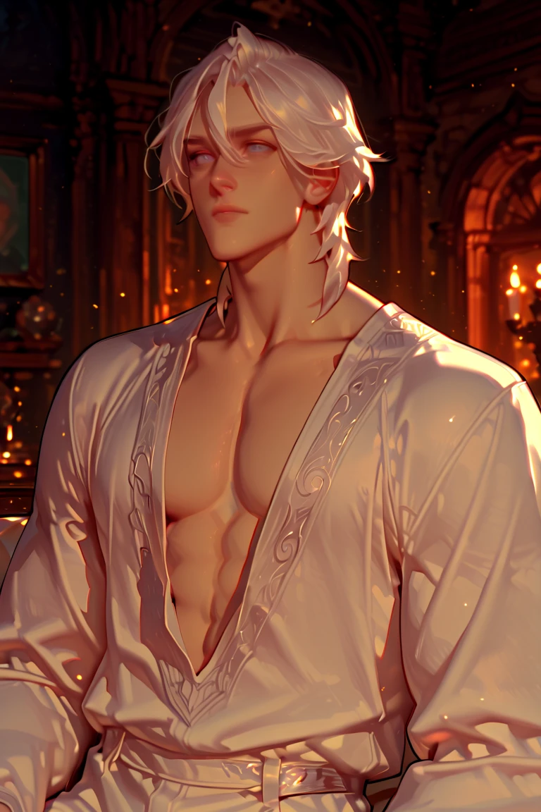 masterpiece, highest quality, (solo focus), (perfect face: 1.1), (high detail: 1.1), dramatic, 1guy, (pale skin), long white hair, white eyes, [light eyebrows], solo, long hair, moon, night, white luxury suit, navel covered, pouty lips, (beauty marks), palace, detailed background, art by artgerm and greg rutkowski, cinematic lighting, roses, suggestive, asian, tan