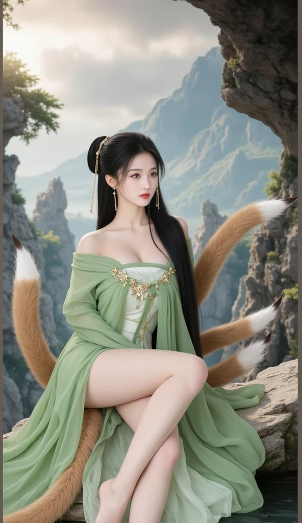 ( Absurdly , high quality , Very detailed,View Photographer)、(((Brown Hair,Hair Access)))、Queen of the Divine Beast Kirin、The green dress and armor of the divine beast Kirin are beautifully detailed、Green costume modeled after the divine beast Kirin、(((The four horns of the divine beast Kirin)))、Scale pattern short boots、Earrings、Gloves、((Tattoo))、Queen of Queens、(masterpiece, 最high quality, 最high quality, Official Art, Beauty and aesthetics: 1.2), (One person: 1.3)、(((A majestic, beautiful and fantastic natural background)))