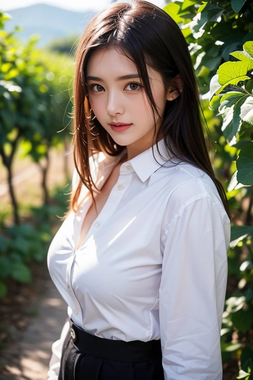 20 years old an adorable woman, (photorealistic:1.4, hyper realism), highly detailed CG unified 8K wallpapers, 1girl, hour glass body, (puffed big breast , ample cleavage, , open chest), looking at viewer, (HQ skin:1.4), 8k uhd, dslr, soft lighting, high quality, film grain, Fujifilm XT3, sun-tanned lighting, half body shot, unbotton white collared shirt, outdoor background, black straight hair
