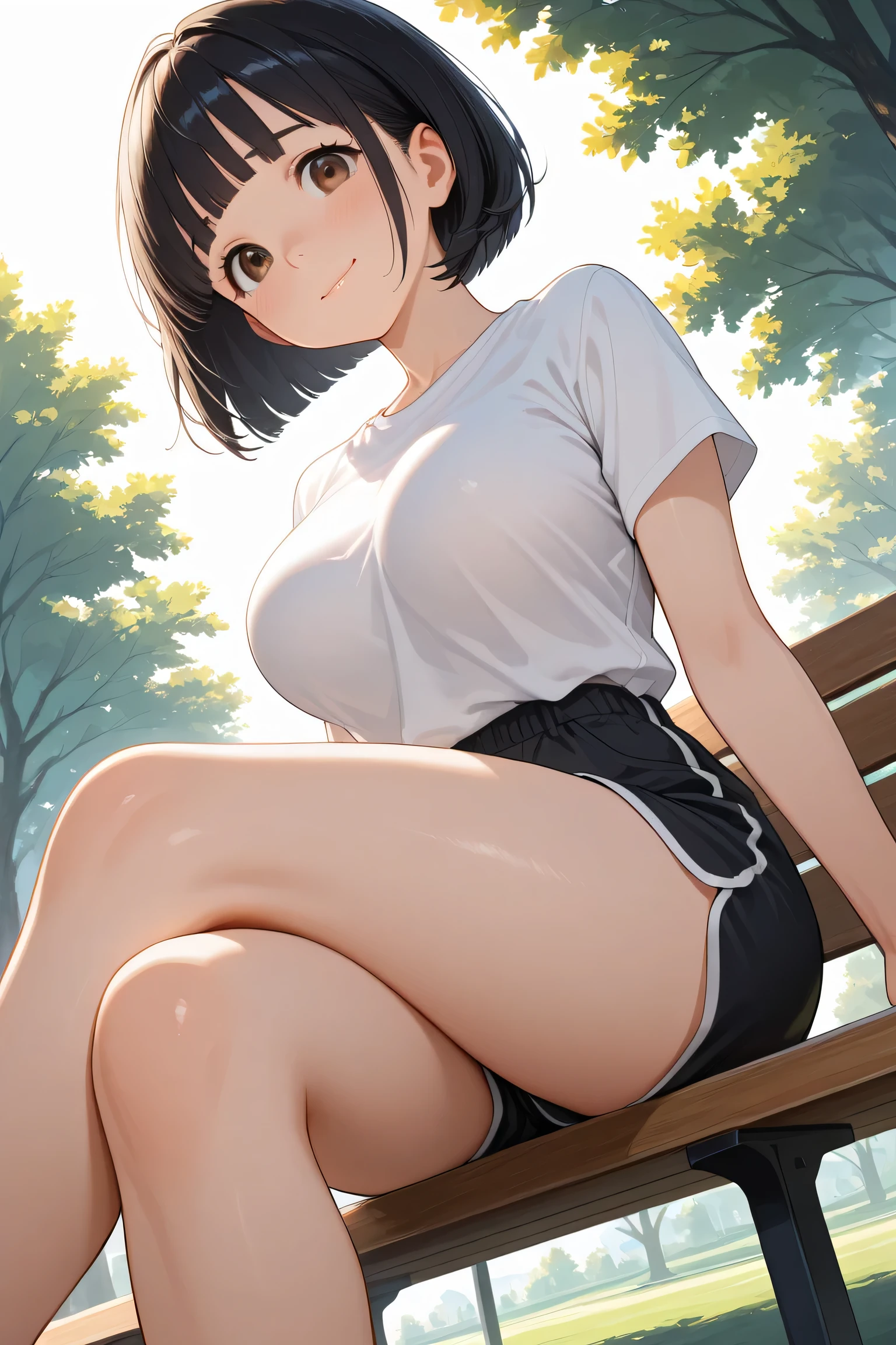 ((4k, masterpiece, highest quality)), 1 girl, anime, short hair, red eyes, big breasts, cute, blush, Sweat,check pleated skirt, underwear, spread your legs, Wet, white tank top, barefoot, Y word, whole body
