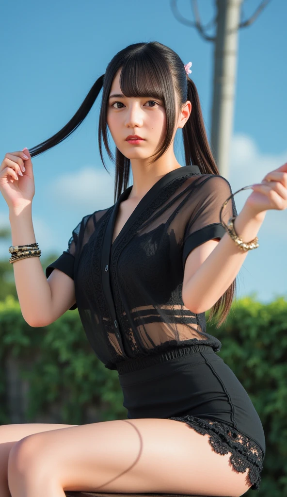 (One Girl), Very cute face, Great face and eyes, (Highly detailed eyes, Highly detailed face), Fresh, Very beautiful appearance, (Ultra-realistic, High resolution), (Highest quality:1.4), RAW Photos, (Realistic, Realistic:1.37), Professional photography , (Wet, High 、Summer clothes)  , (Cleavage:1.2), (Exposing the belly), Laugh a little, (look at me), Bedroom, Portrait of a Girl  , (Small breasts)   , Bare shoulders , 15 years old , Jump Shots , (Erect nipples:0.95) , (ponytail) , (Her uniform is sticking to her body and her nipples are visible:0.98)、smile、Full Body Shot、Baby Face、Absolute area、Over the knee sockicro Mini Skirt、White sheer blouse、Pink Panties、