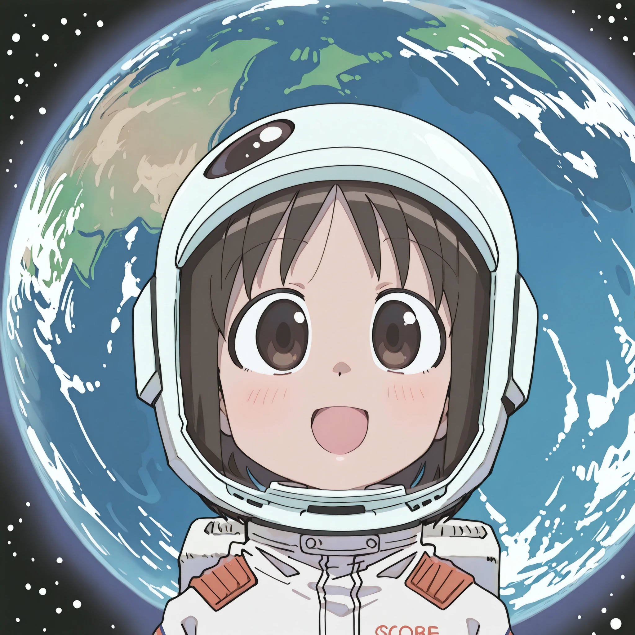 On the moon, space, planet earth in the background, Style matching sabotenman, (artist:sabotenman), Artist:tukiman02, (solo, score 9, score 8, score 7, Best quality::2.5, artwork::2.5, Masterpiece::2.5, Beautiful features, good anatomy, realistic look, Cute outline, beautiful details, detailed eyes), 1girl, (Osaka Short hair, :d, brown eyes, brown hair, (Astronaut suit), (helmet, Closed helmet:1.4),