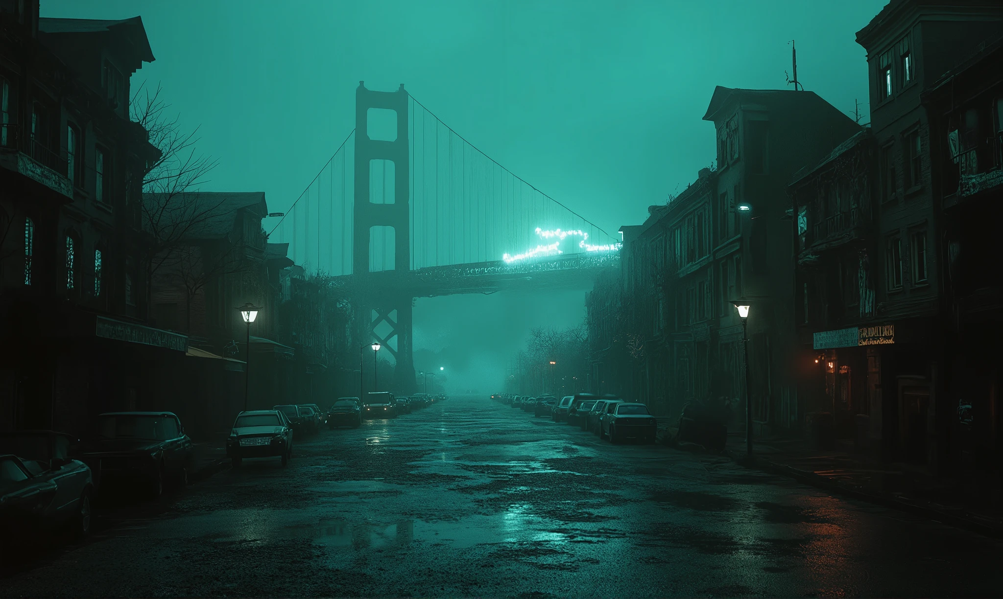 "A dystopian, rain-slicked San Francisco skyline at midnight, swallowed by thick, creeping fog. The twisted streets tilt unnaturally, with crooked Victorian houses leaning like rotten teeth. A single flickering neon sign ('San Francisco') reflects in oily puddles, revealing silhouettes of hunched figures lurking in doorways. The Golden Gate Bridge looms in the distance, its towers barely visible—chains hanging like nooses, A desolate nature without people, sits abandoned on warped tracks, its windows shattered. Shadows stretch too long; something moves just beyond the light. Hyper-detailed, cinematic horror lighting, with sickly greens and deep blacks. Unsettling, uncanny, and dripping with dread."
Variations you might like:
Cyberpunk Horror: "The same scene, but with glitching holographic ads showing distorted faces, and cyborg vagrants with exposed wiring staring from the alleys."
Post-Apocalyptic: "The bridge is broken in half, smoke rising from downtown, and mutated pigeons watching from fire escapes."
