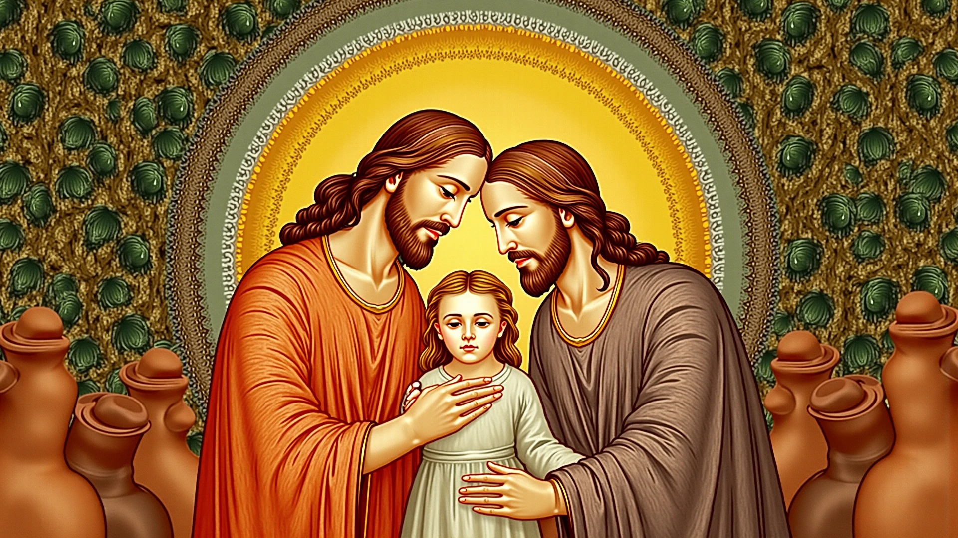 Jesus Christ with young blond girl on his lap, christian art, high quality, highly detailed,(celestial bodies), painting, in the style of Greg Olsen