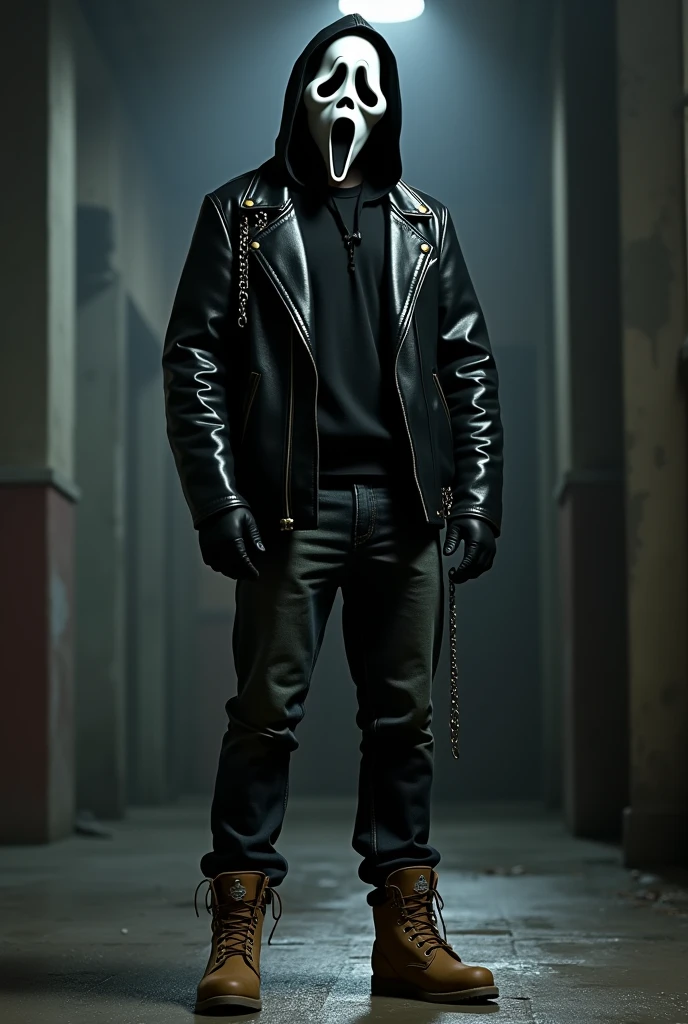 A pale-skinned vampire with the head of a werewolf and the body of a human, with chains around his neck and a ripped white t-shirt with a black leather jacket on top, jeans and boots