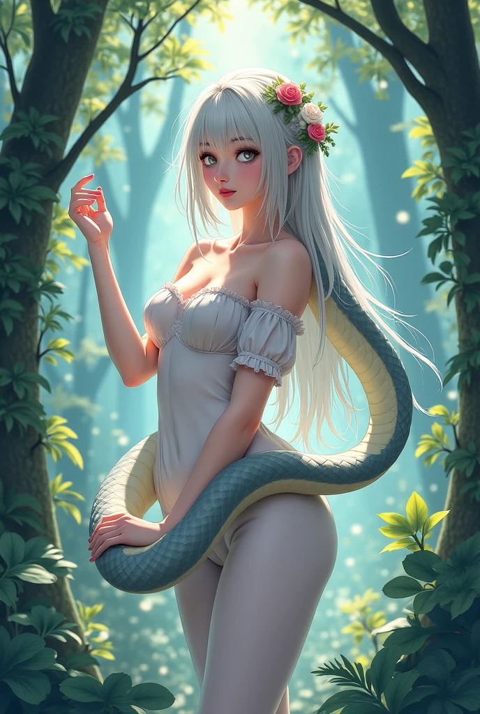 Super cute anthropomorphic white snake in Pixar style， in one's underwear only, Detailed White Snake, charming big eyes, nice tail, , Surreal, Super fine, Luxurious, elegant standing, charming big eyes, nice tail, Surreal, Ultra-Detailed Effects, Luxurious, Elegant, with an intricate, Gorgeous, illusion engine, Octane Rendering, 8K, Freissurrealism，Long twin-tailed hair，neon color，Red crystal eyes，Silk Detail Lace Lingerie，（（（A snake is wrapped around the body）））