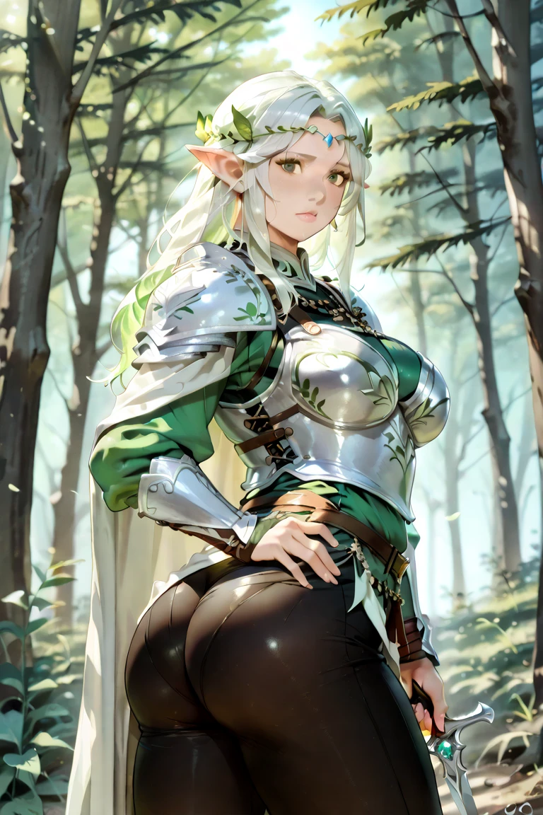 ((best quality)), ((masterpiece)), (detailed), 1 women pornstar barbarian class, 8k_wallpaper, extremely detailed eyes, (large masterpiece digital art), (intricate details:1.3 ), (ultra-detailed:1.3), (sharp focus:1.3), (natural lighting:1.05), (vivid colors:1.3), (best quality:1.4), high quality, expressive eyes, full body, detailed face, beautiful face, perfect face, ((hair sandy white curls)), ((gold horns)), (gold eyes), {{dark skin}}, ({dark skinned female}), big breasts, huge chest, powerful relief muscles of the abdomen and legs, powerful strong muscles of the arms, belly piercing with blue emeralds, cruel predatory and cold-blooded arrogant look and smile, dressed in a light open blue coat with rolled up sleeves, a translucent yellow crop top with strong outlines of large pointed nipples with piercings, steel combat pauldrons, steel bracers and leather gloves, leather shorts, walks along the path against the backdrop of a ruined elf village and flowering vines and wild forests, style dark fantasy and adventure fantasy world,