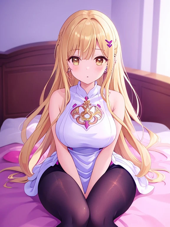 2D anime girl sitting on the floor on her knees, in stockings. Anime girl: blonde with dark eyes, large lush breasts and in a pink transparent dress. The frame stays on the face and chest. She has a perfect hourglass figure. Behind is a beautiful pink room for a girl..